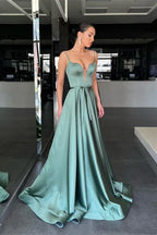 Glamorous A-Line Sweetheart Spaghetti Strap Belted Sage Floor-Length Prom Dress For Women