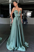 Glamorous A-Line Sweetheart Spaghetti Strap Belted Sage Floor-Length Prom Dress For Women