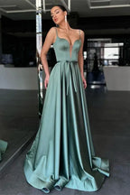 Glamorous A-Line Sweetheart Spaghetti Strap Belted Sage Floor-Length Prom Dress For Women