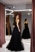 Glamorous A Line Beaded Glitter Tulle Long Prom Dress With V Neck And Slit For Prom Night