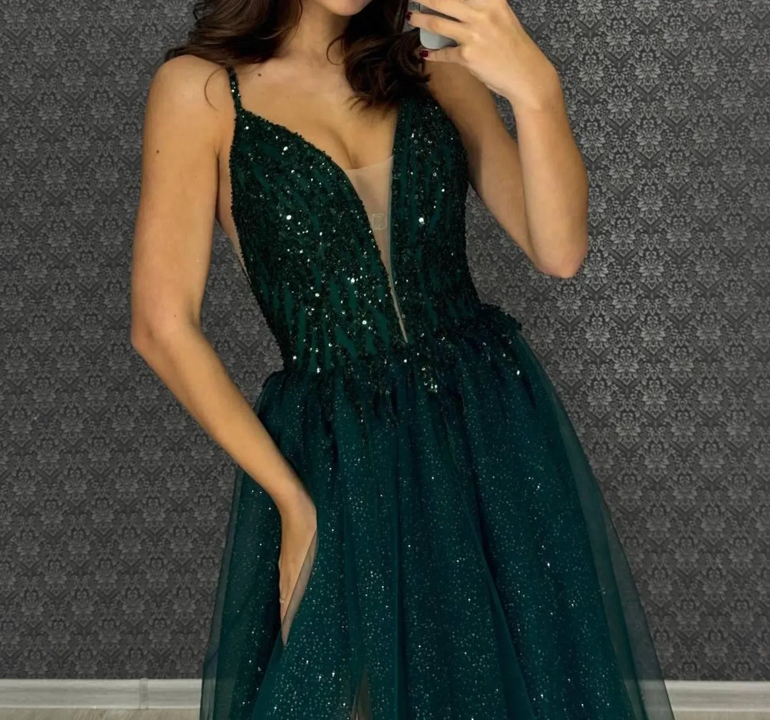Glamorous A Line Beaded Glitter Tulle Long Prom Dress With V Neck And Slit For Prom Night