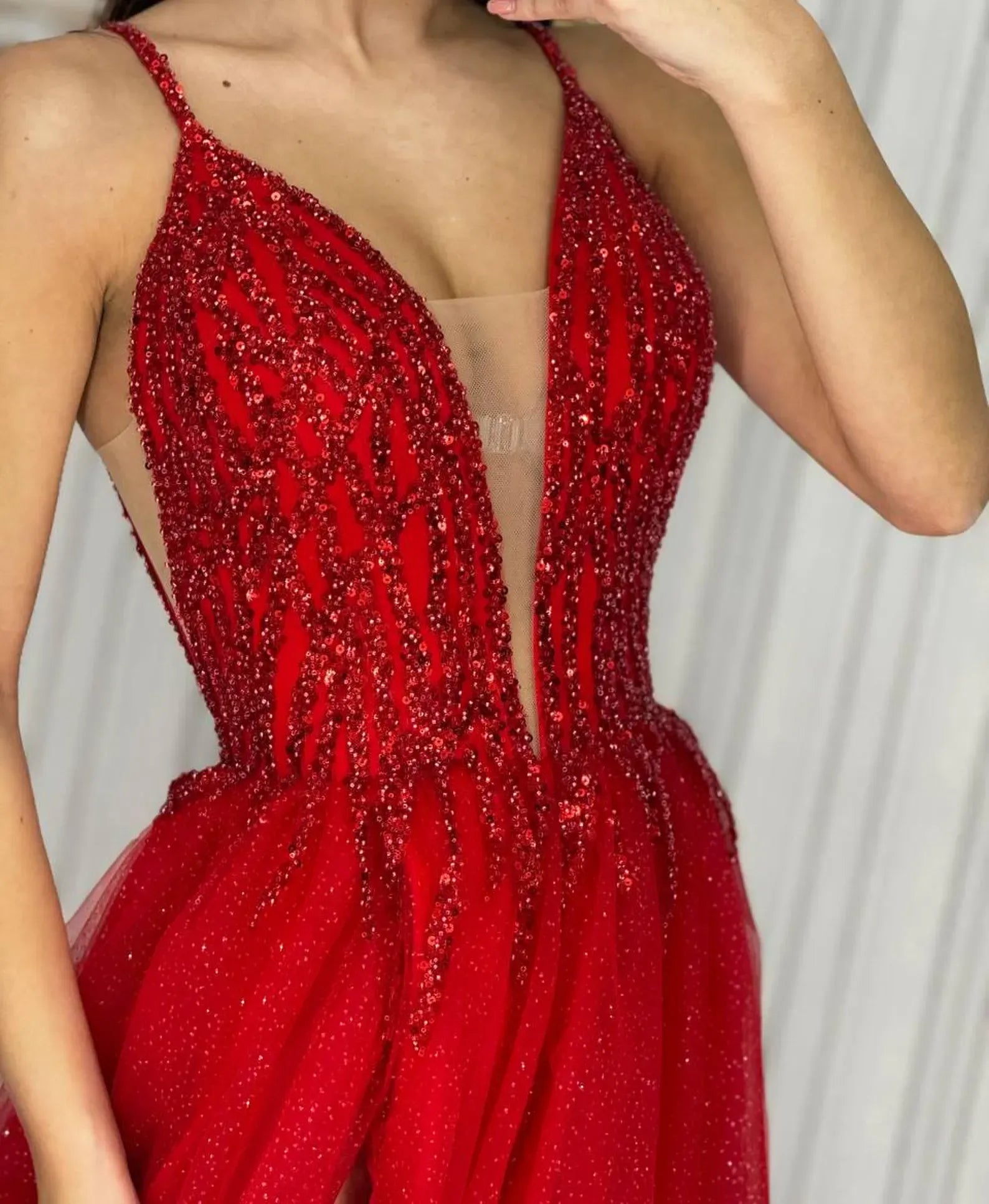 Glamorous A Line Beaded Glitter Tulle Long Prom Dress With V Neck And Slit For Prom Night