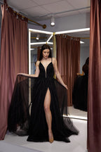 Glamorous A Line Beaded Glitter Tulle Long Prom Dress With V Neck And Slit For Prom Night