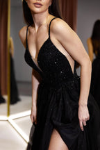 Glamorous A Line Beaded Glitter Tulle Long Prom Dress With V Neck And Slit For Prom Night