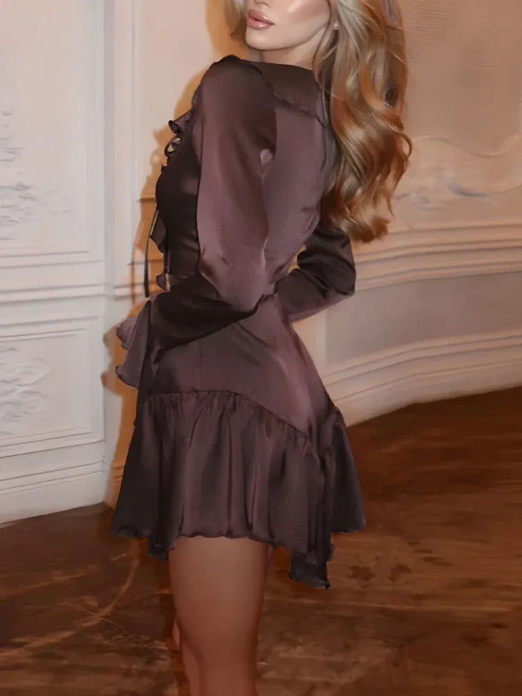 A-Line V-Neck Long Sleeve Ruffled Chocolate Mini Homecoming Dress