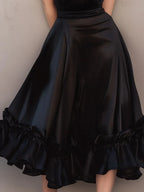 Glamorous A-Line V-Neck Spaghetti Straps Ruffle Satin Black Midi Prom Dresses