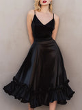 Glamorous A-Line V-Neck Spaghetti Straps Ruffle Satin Black Midi Prom Dresses
