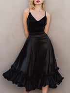 Glamorous A-Line V-Neck Spaghetti Straps Ruffle Satin Black Midi Prom Dresses