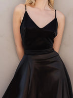 Glamorous A-Line V-Neck Spaghetti Straps Ruffle Satin Black Midi Prom Dresses