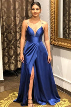 Glamorous A-line Spaghetti Beaded Royal Blue Slit Prom Dress For Women