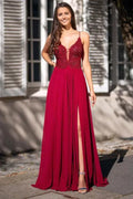 Glamorous A-line Spaghetti Straps Beaded Red Slit Prom Dress Custom