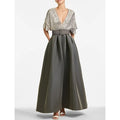 Glamorous A-line V-neck Flutter-sleeved Sequin Gunmetal Maxi Prom Dress for Women Custom