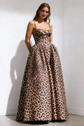 A Line Spaghetti Straps Sleeveless Leopard Print Floor-Length Prom Dress