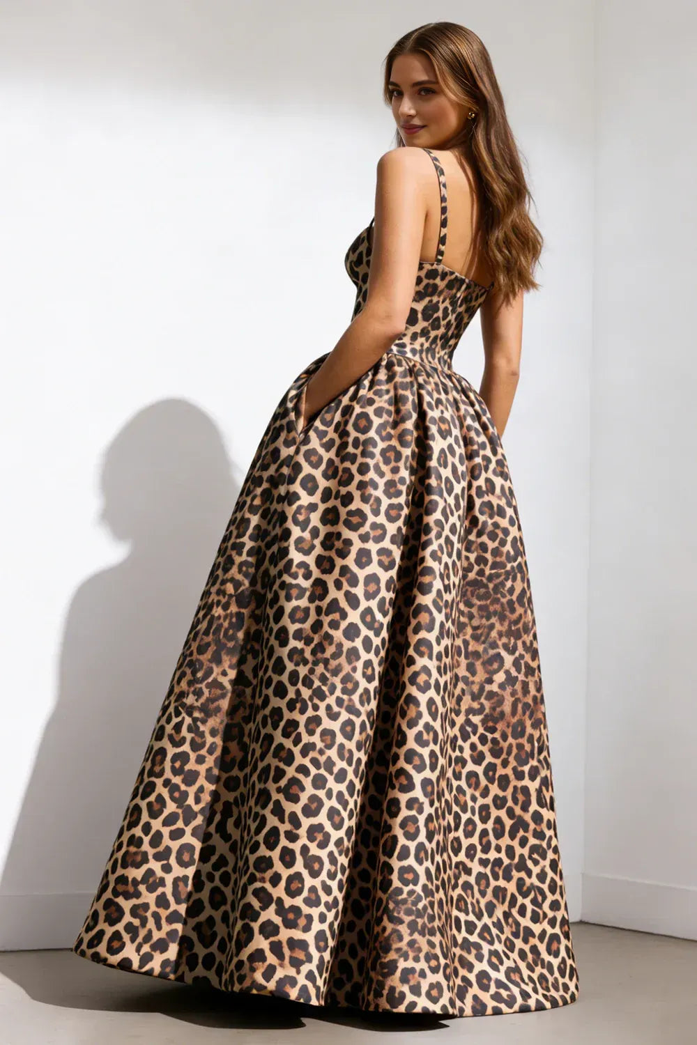 A Line Spaghetti Straps Sleeveless Leopard Print Floor-Length Prom Dress