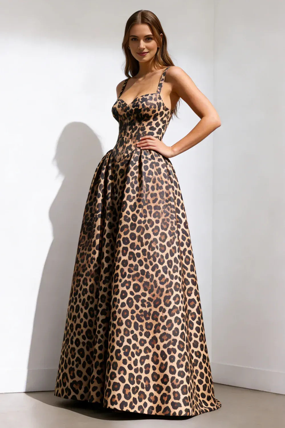 A Line Spaghetti Straps Sleeveless Leopard Print Floor-Length Prom Dress