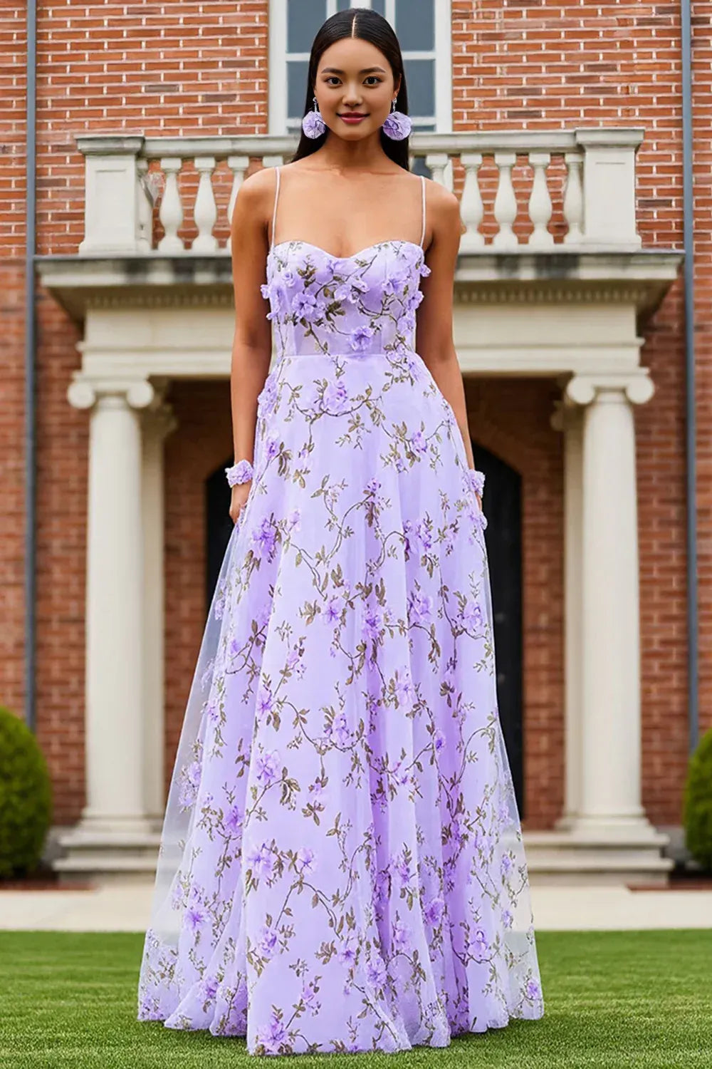 A Line Spaghetti Straps Sleeveless Printed Floor-Length Prom Dress