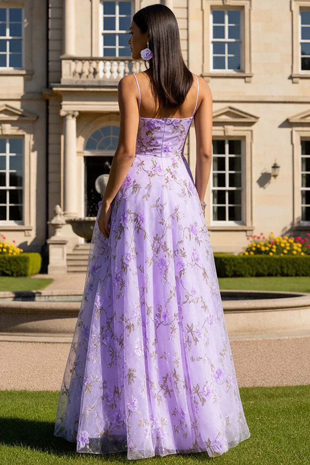 A Line Spaghetti Straps Sleeveless Printed Floor-Length Prom Dress