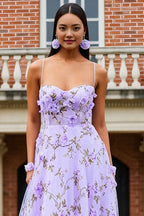 A Line Spaghetti Straps Sleeveless Printed Floor-Length Prom Dress