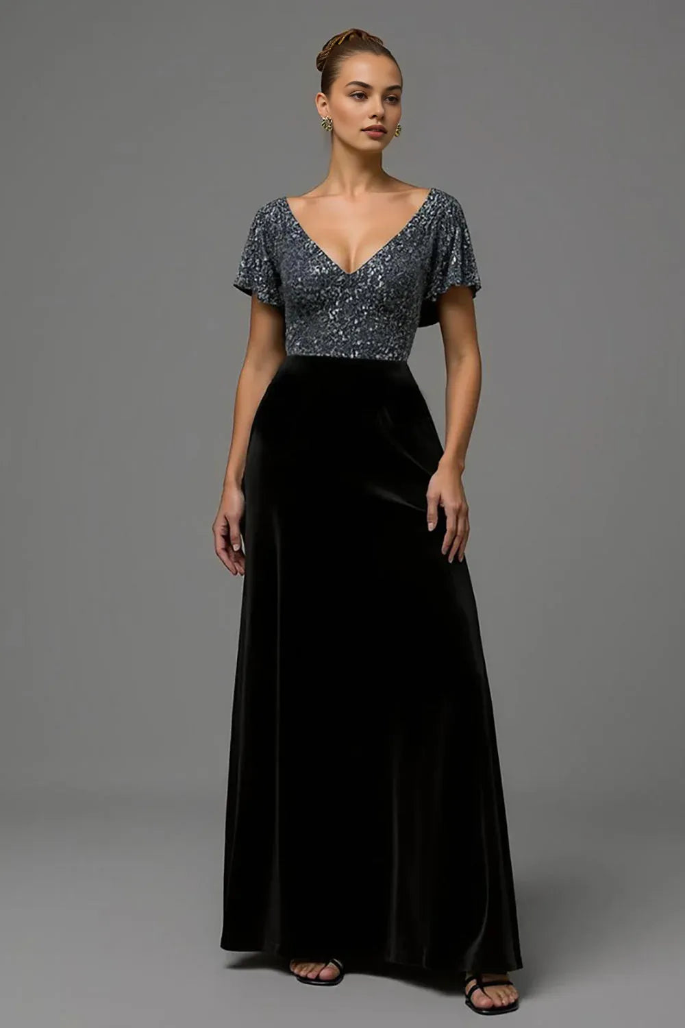 A Line V Neck Flutter Sleeve Sequins Floor-Length Prom Dress