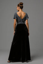 A Line V Neck Flutter Sleeve Sequins Floor-Length Prom Dress