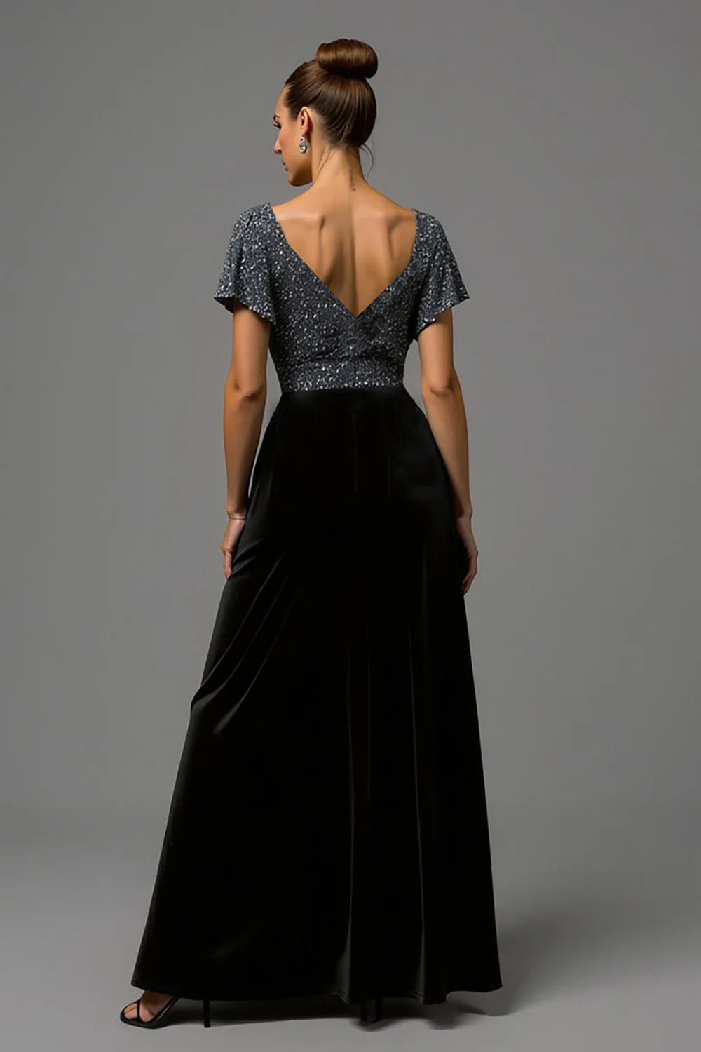 A Line V Neck Flutter Sleeve Sequins Floor-Length Prom Dress