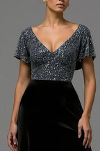 A Line V Neck Flutter Sleeve Sequins Floor-Length Prom Dress