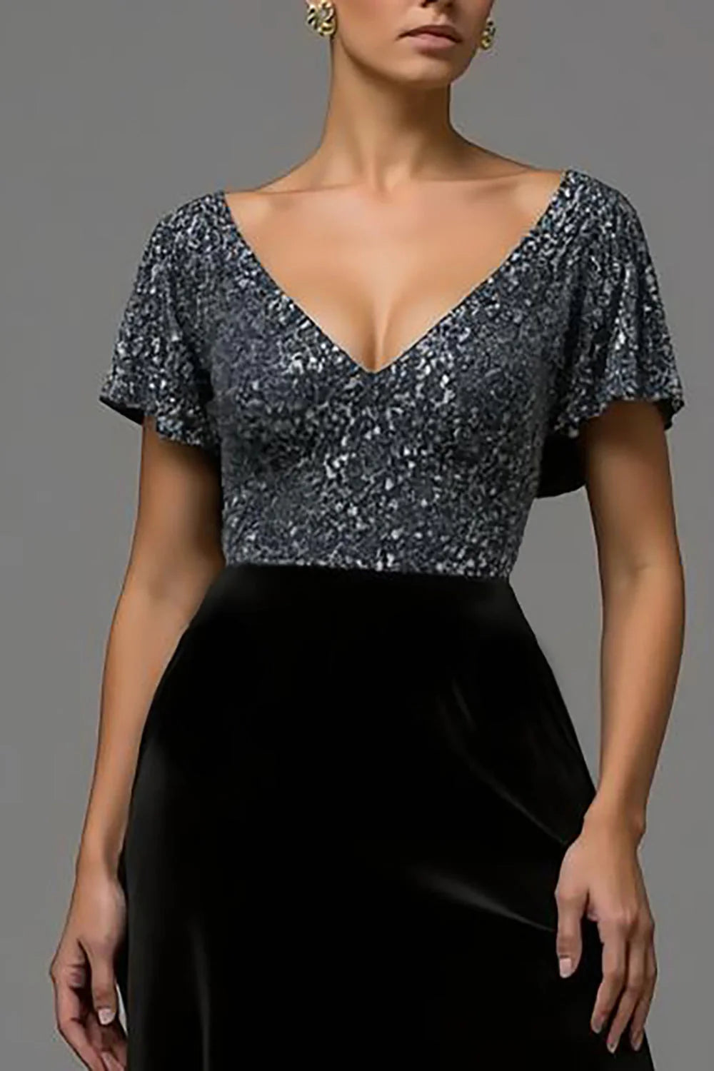 A Line V Neck Flutter Sleeve Sequins Floor-Length Prom Dress
