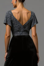 A Line V Neck Flutter Sleeve Sequins Floor-Length Prom Dress