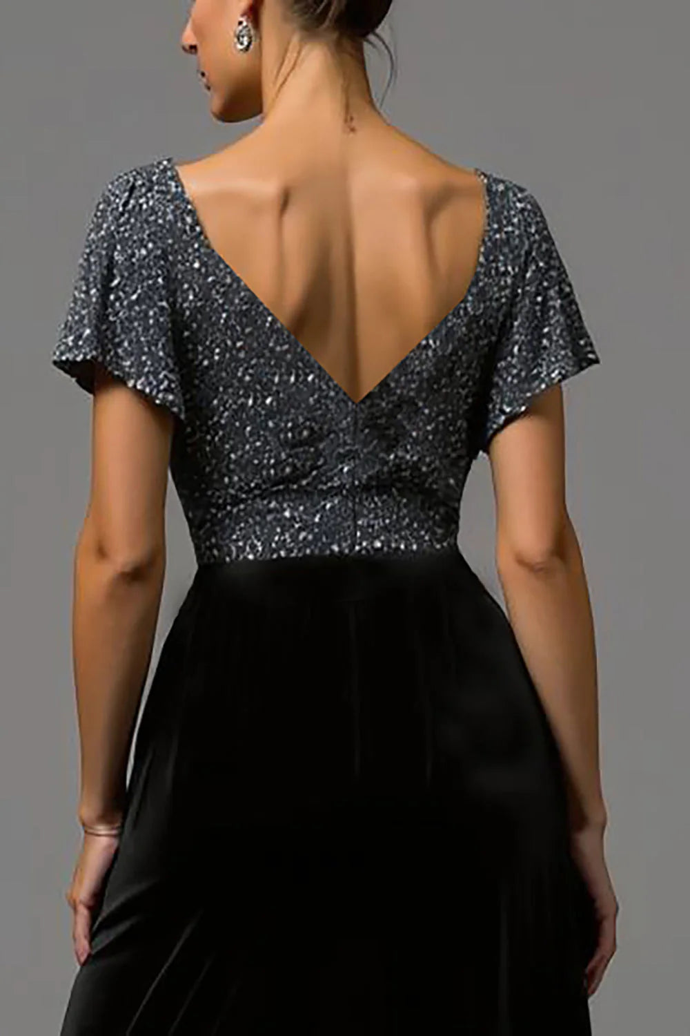 A Line V Neck Flutter Sleeve Sequins Floor-Length Prom Dress