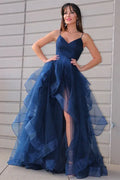 Glamorous Ball Gown Spaghetti Straps Ruffle Slit Navy Maxi Prom Dress For Sale