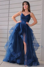 Glamorous Ball Gown Spaghetti Straps Ruffle Slit Navy Maxi Prom Dress For Sale