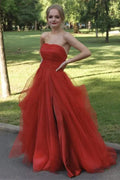 Glamorous Ball Gown Strapless Ruched Red Slit Floor Prom Dress Ready To Ship