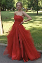 Glamorous Ball Gown Strapless Ruched Red Slit Floor Prom Dress Ready To Ship