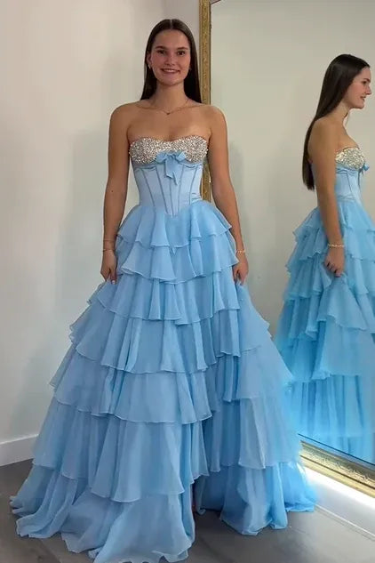 Beaded Sweetheart Sleeveless Empire A-Line Tiered Long Prom Dress