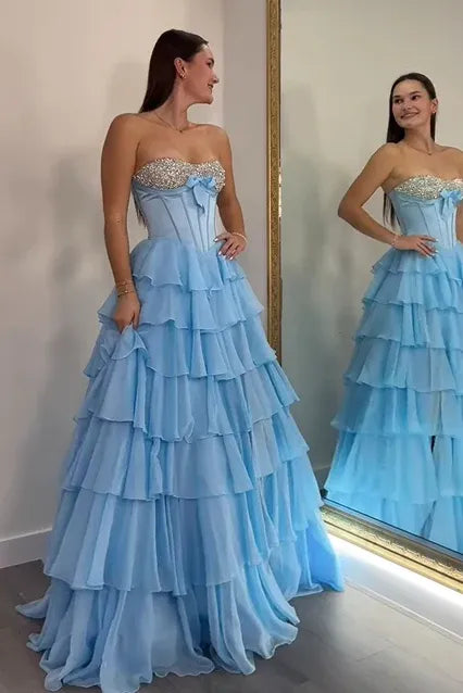 Beaded Sweetheart Sleeveless Empire A-Line Tiered Long Prom Dress