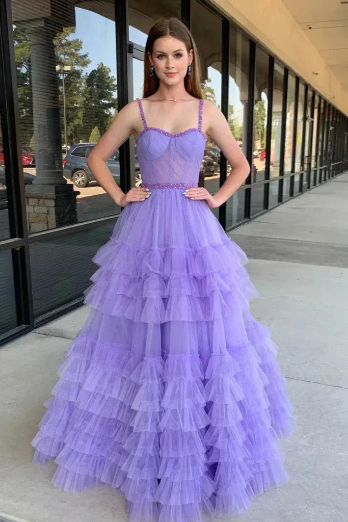 Black Spaghetti Strap Tiered Ruffled Ball Gown
