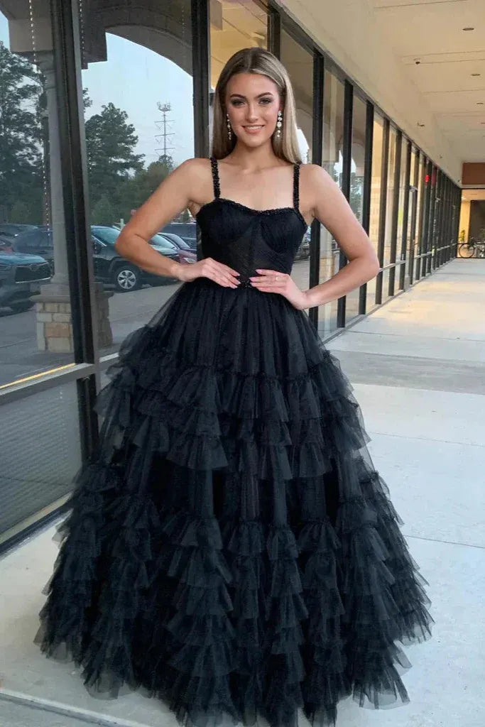 Black Spaghetti Strap Tiered Ruffled Ball Gown