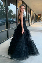Black Spaghetti Strap Tiered Ruffled Ball Gown