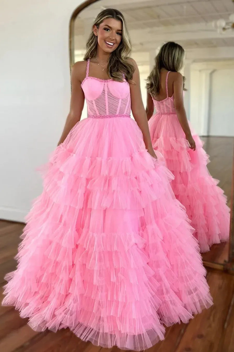 Black Spaghetti Strap Tiered Ruffled Ball Gown
