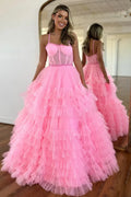 Black Spaghetti Strap Tiered Ruffled Ball Gown