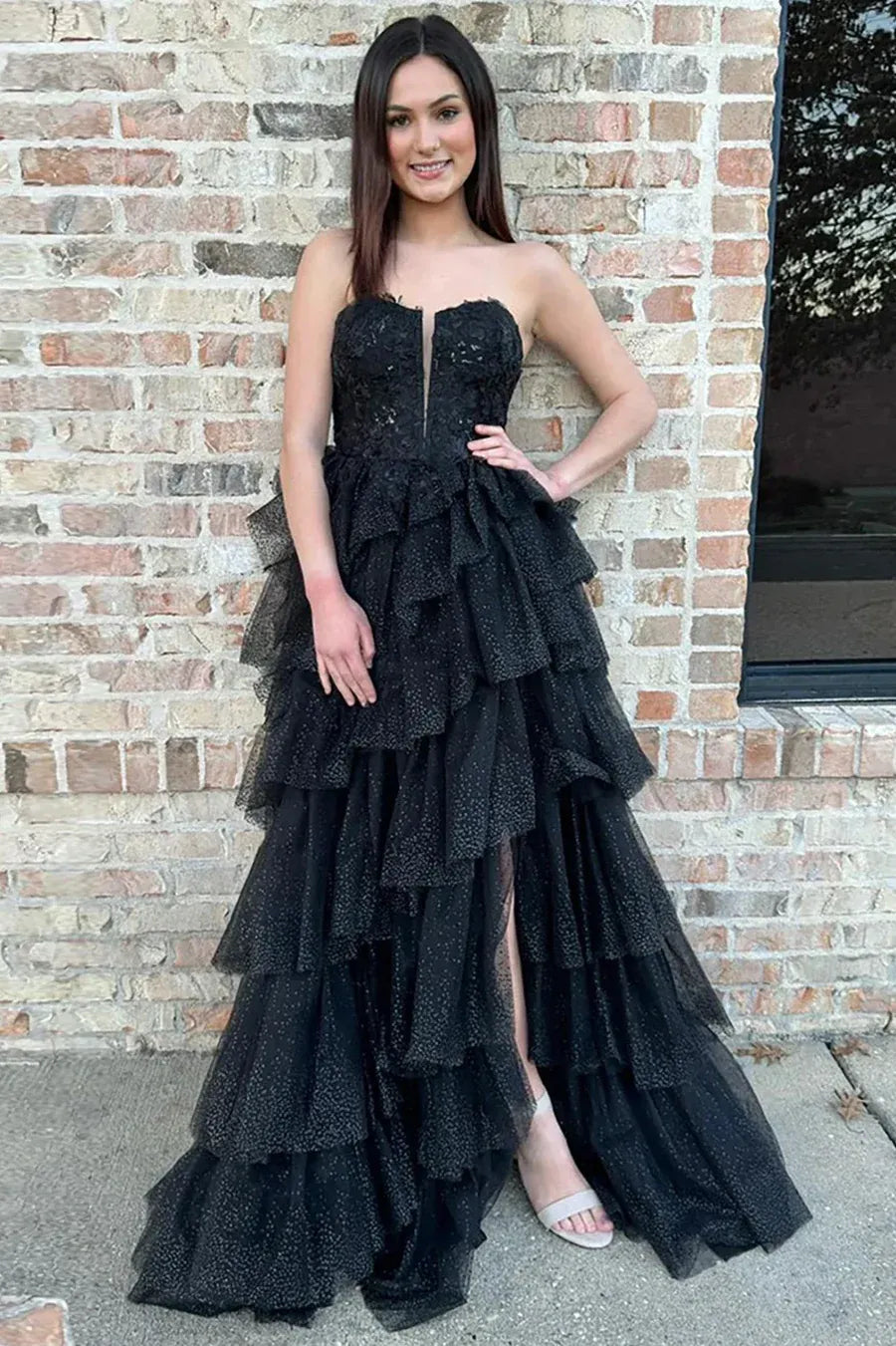 Black Strapless Tiered Ruffled Glitter Gown With Bodice
