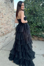 Black Strapless Tiered Ruffled Glitter Gown With Bodice