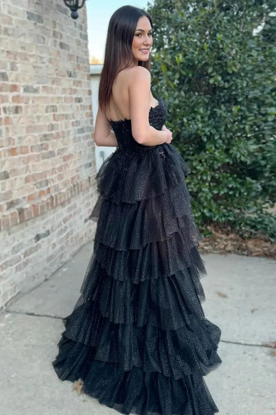Black Strapless Tiered Ruffled Glitter Gown With Bodice