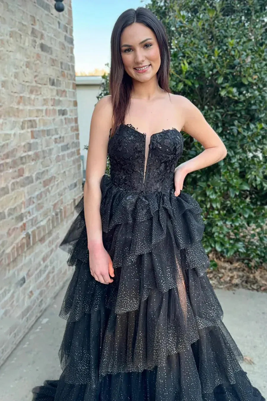 Black Strapless Tiered Ruffled Glitter Gown With Bodice