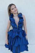 Blue Halter Tiered Ruffled Mini Dress