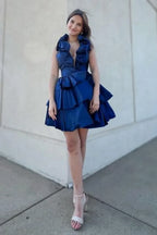 Blue Halter Tiered Ruffled Mini Dress