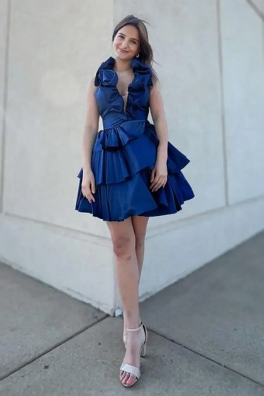 Blue Halter Tiered Ruffled Mini Dress
