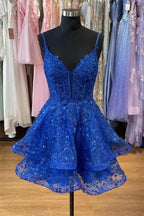 Blue Spaghetti Strap Tiered Ruffled Mini Dress With Corset