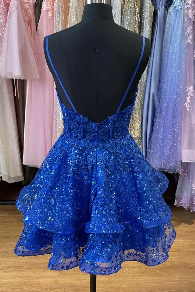 Blue Spaghetti Strap Tiered Ruffled Mini Dress With Corset