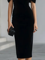Glamorous Bodycon Sheer Neck Bow Detail Black Midi Evening Dresses